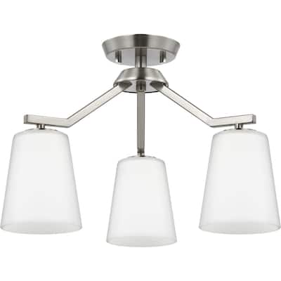 Vertex Collection Three-Light Brushed Nickel Etched White Contemporary Convertible Chandelier - 18 in x 18 in x 16.75 in