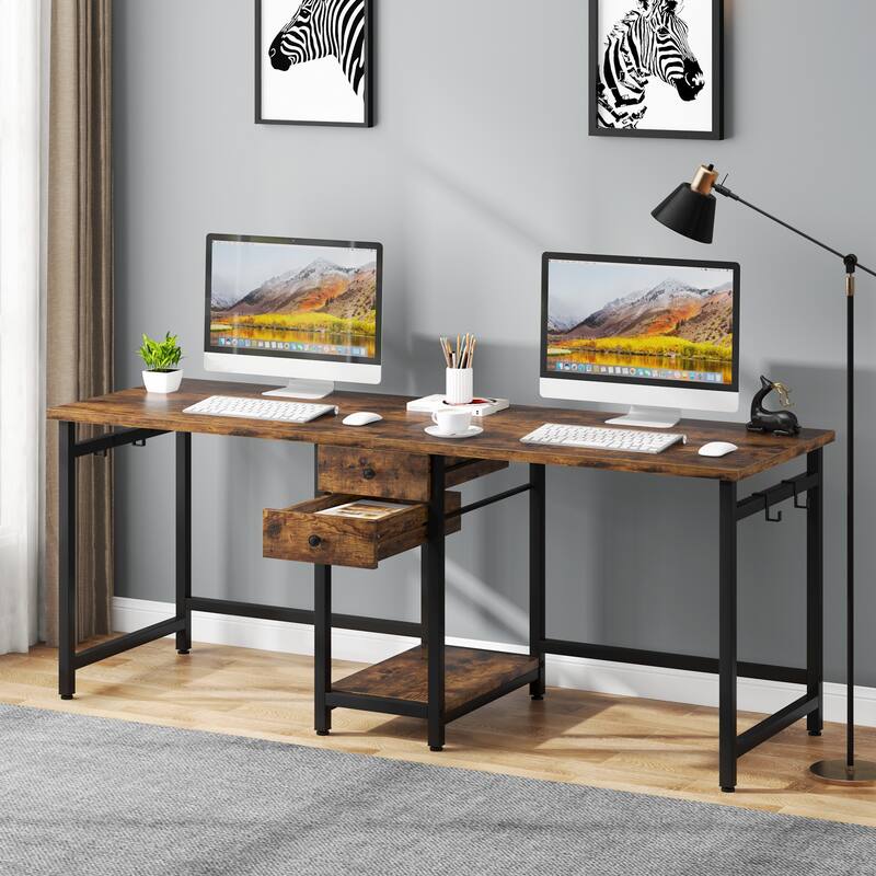 78 Inch 2 Person Desk with 2 Drawers, Long Computer Writing Desk