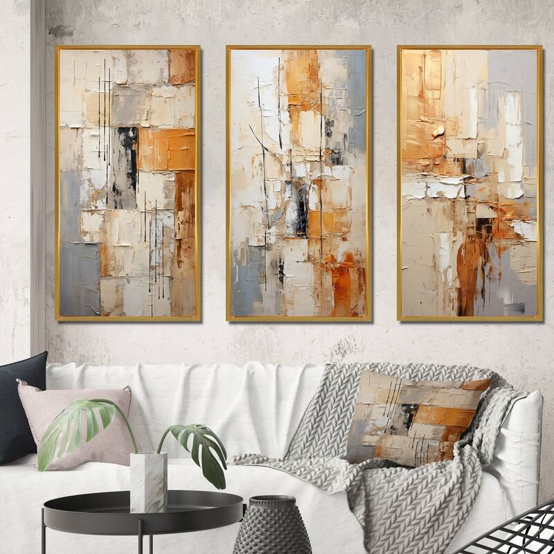 Designart "Abstraction I" Abstract Framed Wall Art Set Of 3 Frame Gallery Wall Set For Home Decor - 38 in. wide x 20 in. high - 3 Panels - Gold