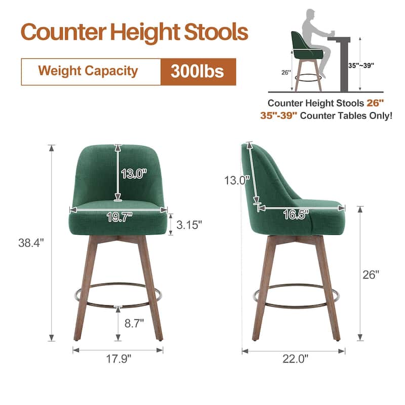 26" Counter Height Swivel Bar Stool, Upholstered Counter Stools - 39.37" (H) x 22.44" (D) x 21.65" (W)