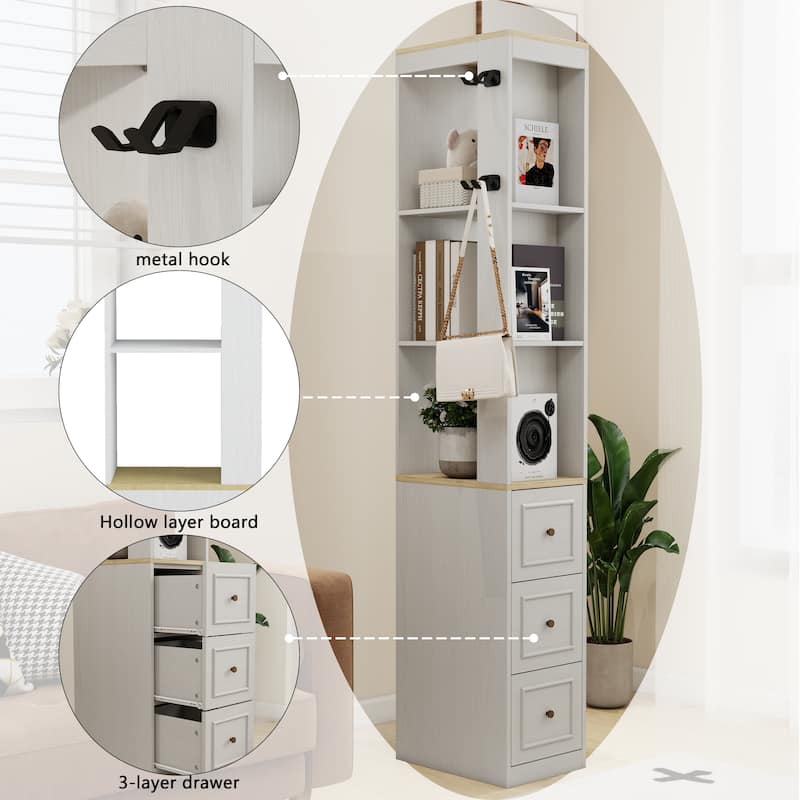 73'' Tall Slim Storage Cabinet with 3 Drawers, Hooks & 3-Tier Shelves, Media Tower for Books, CDs, DVDs, Games & Consoles