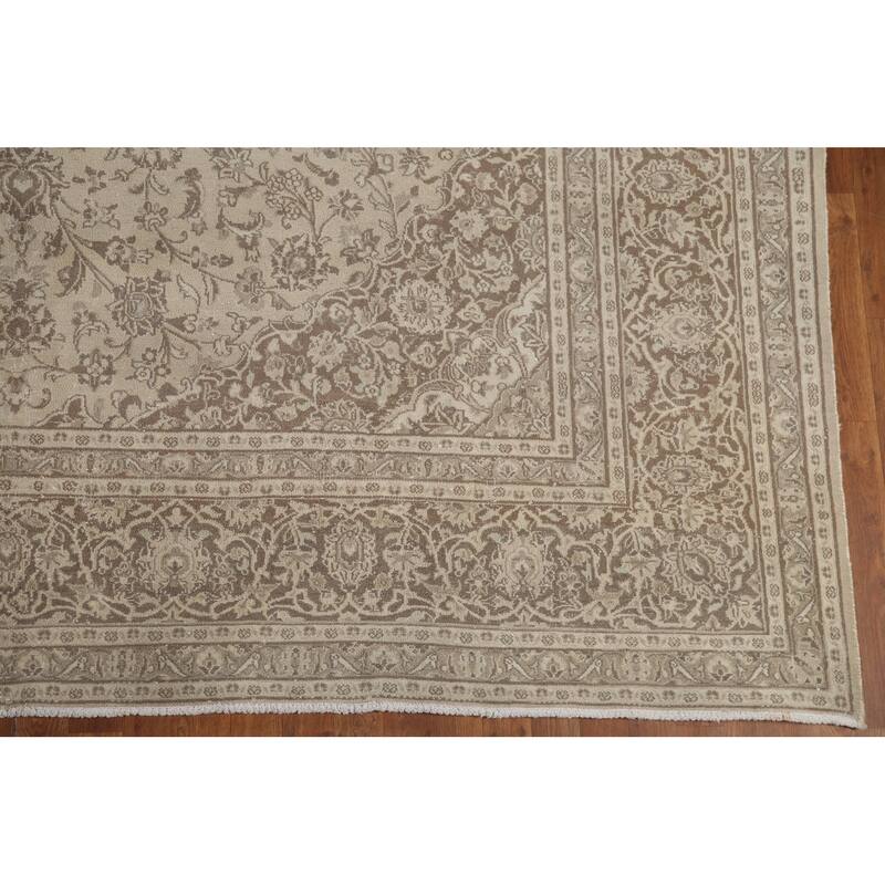 Hand Knotted Oriental 100% Wool Carpet Traditional Floral Beige & Ivories Mashad Area Rug - 12' 4'' X 9' 6''