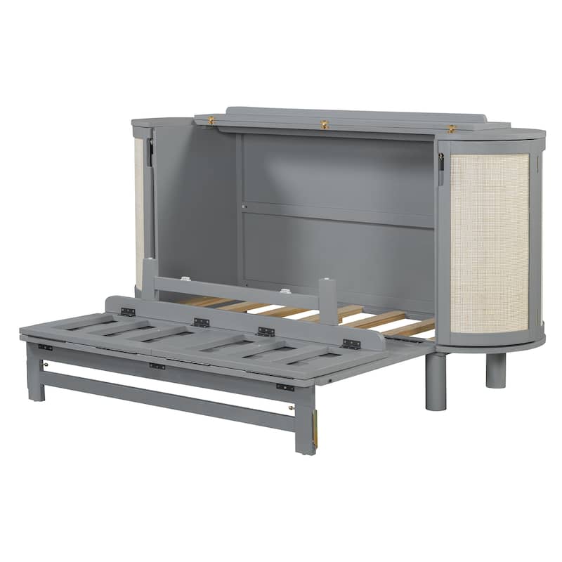 Queen Size Murphy Bed with Hidden Storage, Side Cabinets, and Woven Drawer Design, Space-Saving Foldable Bed
