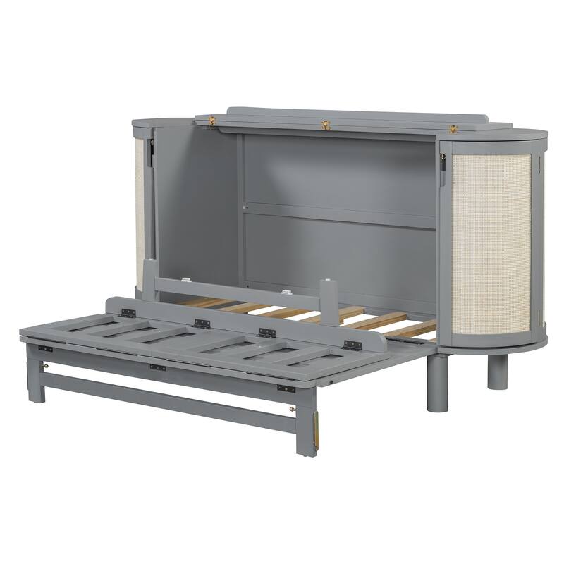 Space-Saving Full Murphy Bed with Hidden Storage and Modern Woven Design, Gray