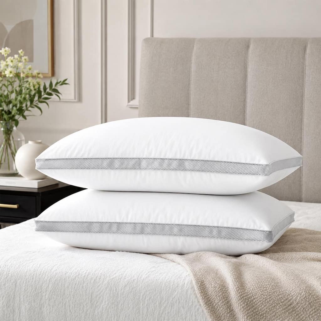 Cotton Shell Bed Pillows, 2 Pack Sleeping Pillows with Breathable Mesh Gusset for Side, Back & Stomach Sleepers
