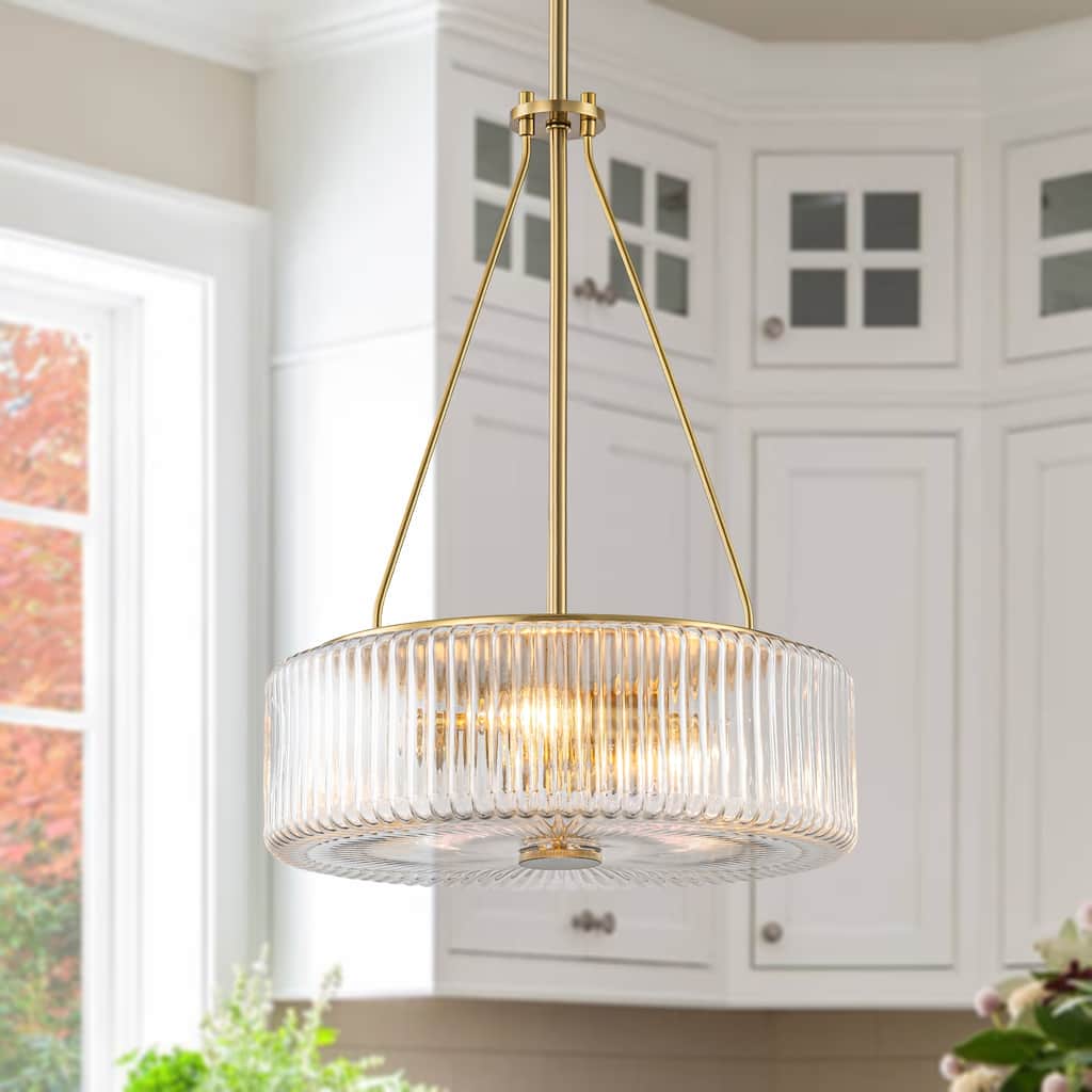 13.9 in. 3-Light Gold Chandelier Ripple Glass Pendant Light
