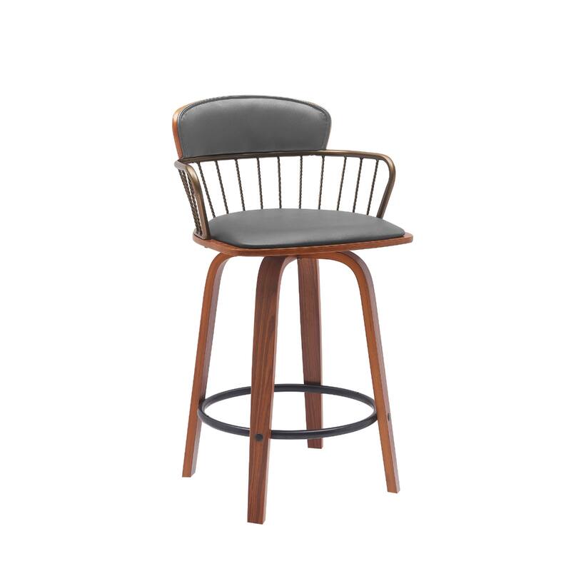Faux Leather Counter Height Bar Chair with Arms, Swivel and Footrest - Gray And Wood Brown  26"