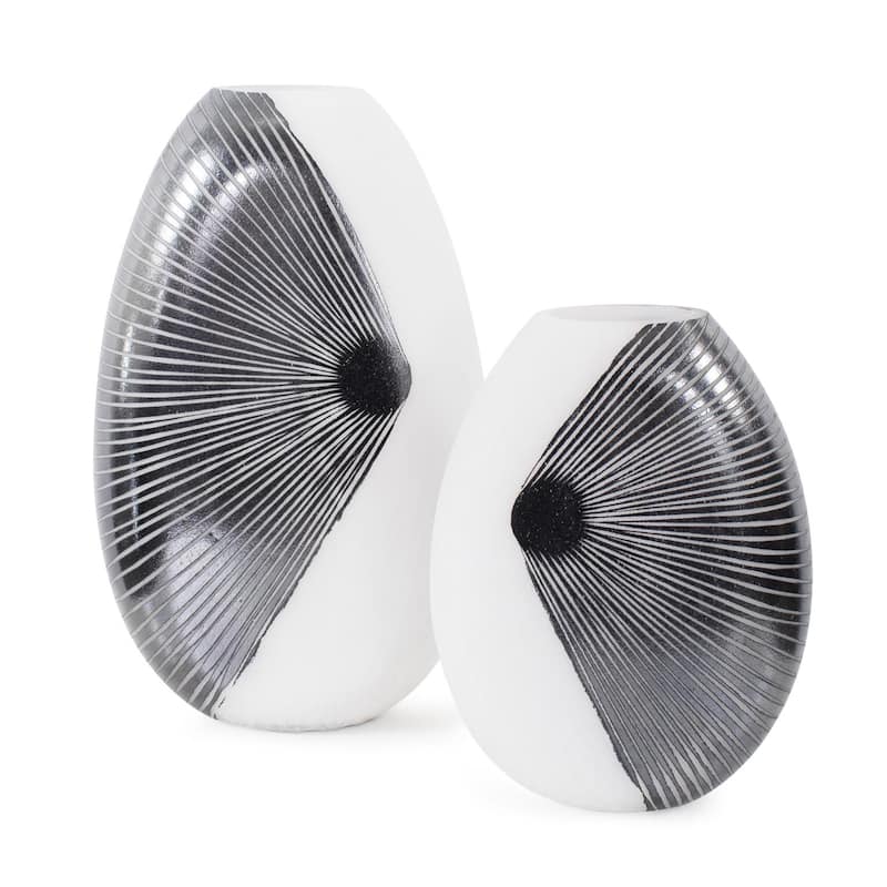 Allan Andrews Contemporary Glossy White Blown Glass Vase with Black Rays