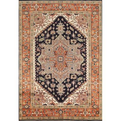 Dark Blue Heriz Serapi Indian Area Rug Hand-Knotted Wool Carpet - 8'11" x 11'11"