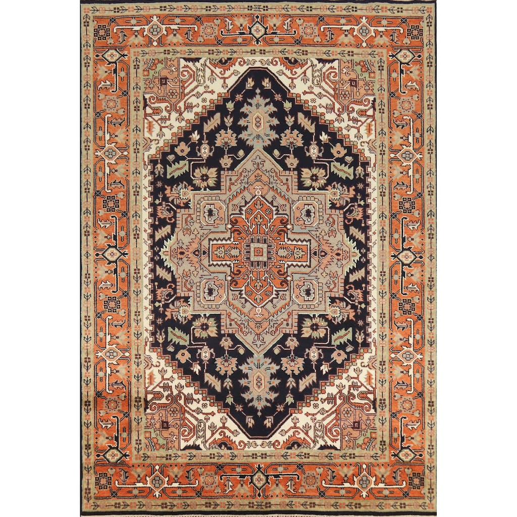 Dark Blue Heriz Serapi Indian Area Rug Hand-Knotted Wool Carpet - 8'11" x 11'11"