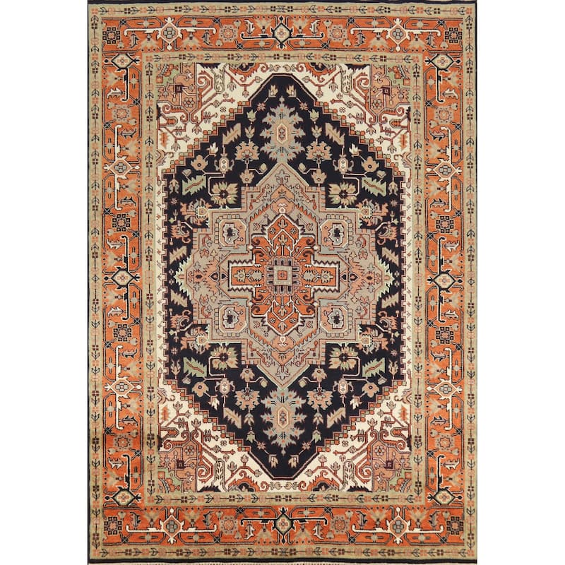 Dark Blue Heriz Serapi Indian Area Rug Hand-Knotted Wool Carpet - 8'11" x 11'11"