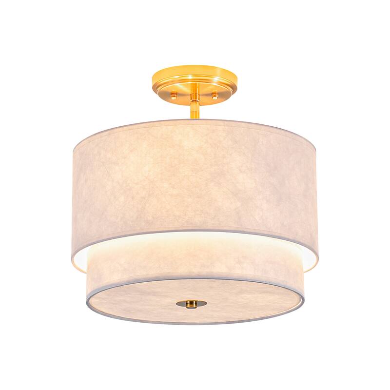 3-Light Double Layer Ceiling Light with Tyvek paper Lampshade - Modern Gold and White Fixture for Living Room