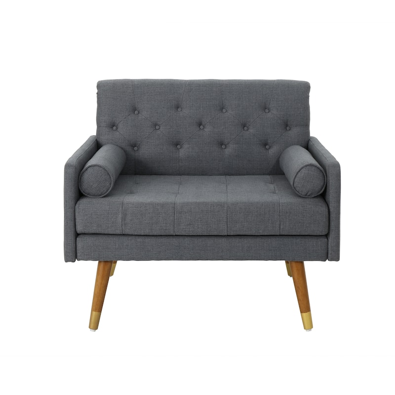 Modern 38.25" Upholstered Button Tufted Club Chair with Bolster Pillows and Rubber Wood Legs