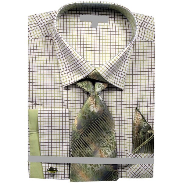Men/'s Grid Checker Pattern French Cuff Shirt Tie Handkerchief Cuff Links
