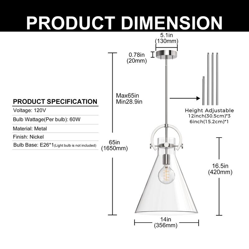 YANSUN 1-Light Hanging Pendant Light, 14-Inch Inverted Cone Shade, Nickel Finish, Clear Glass for Contemporary Home Lighting