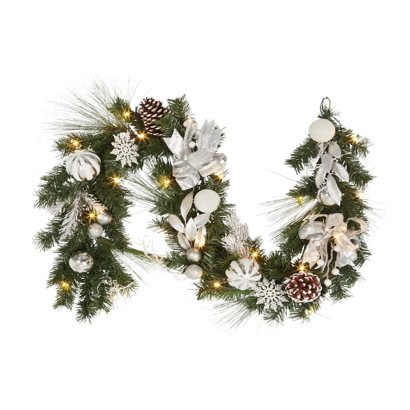 6FT Battery Powered Xmas Garland Prelit Lights Indoor/Outdoor with Timer - N/A - Silver