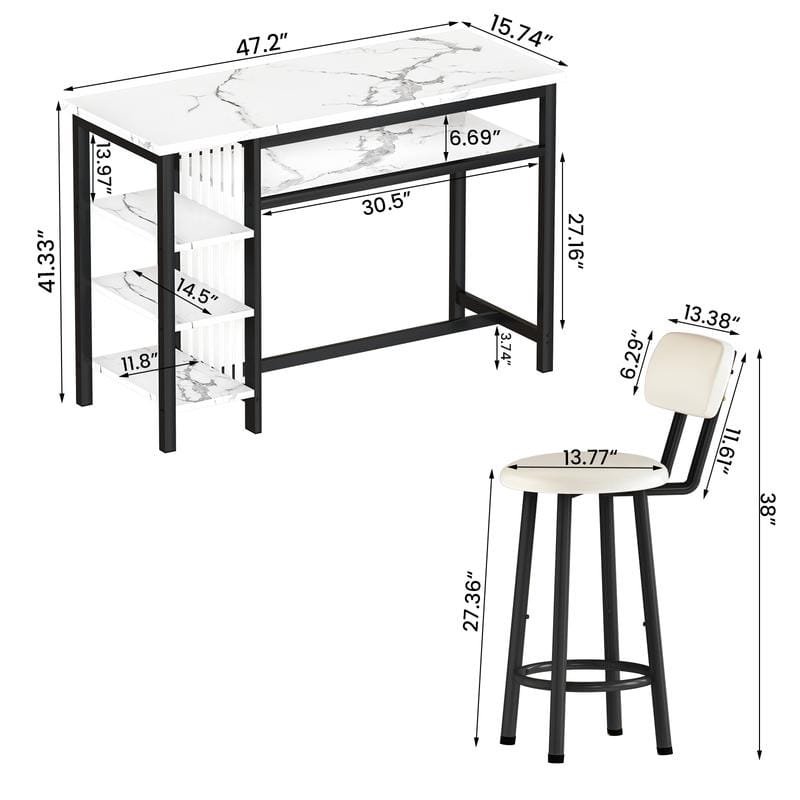 3-Piece Dining Room Table Set with 2 Upholstered Bar Stools, Modern Farmhouse Bar Table Set for 2 with Multiple Tier Shelves