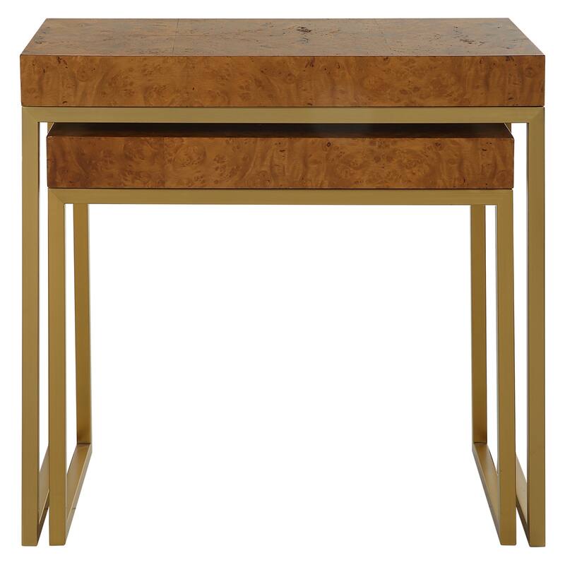 Mappa Burl Veneer Top Nesting Tables - 24.5" - Brown and Brass - Set of 2