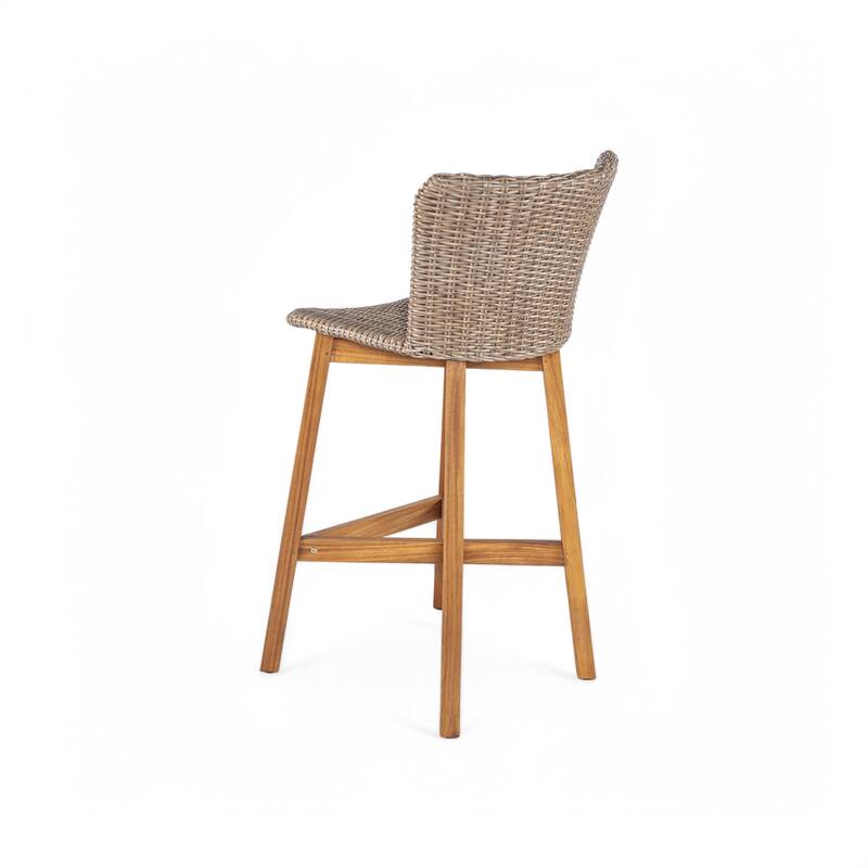 Roomfitters Lymington Outdoor Acacia Wood Barstools with Wicker Seat, Teak Finish and Light Brown Set of 2