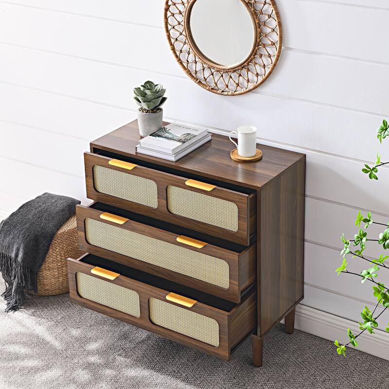 6 Drawer Dresser Rattan Door Wooden Dresser Chest with Golden Handles