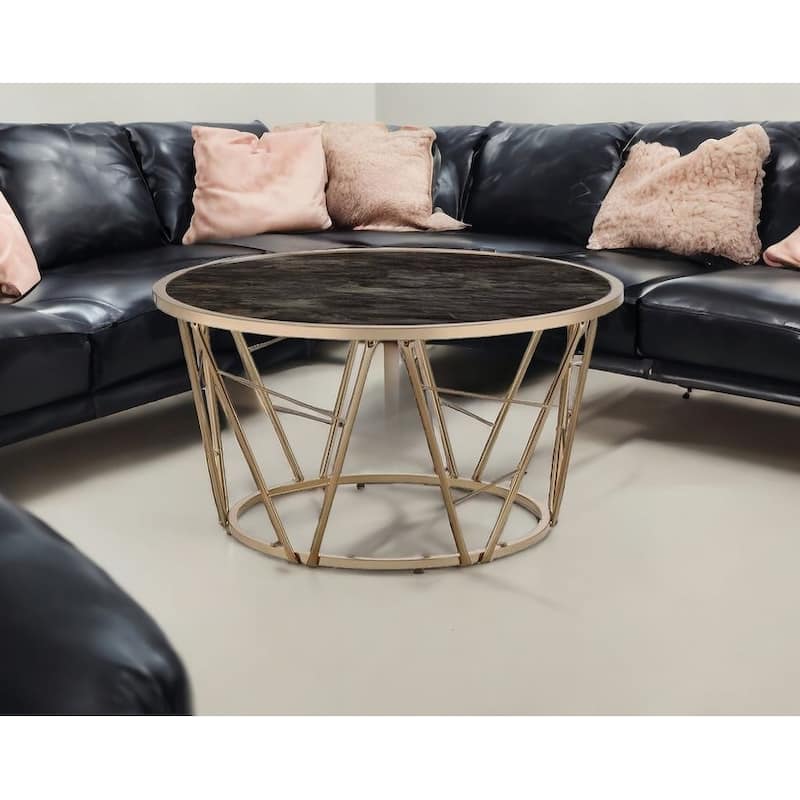 HomeRoots 33" Gold Steel And Faux Black Marble Round Top Coffee Table - 33