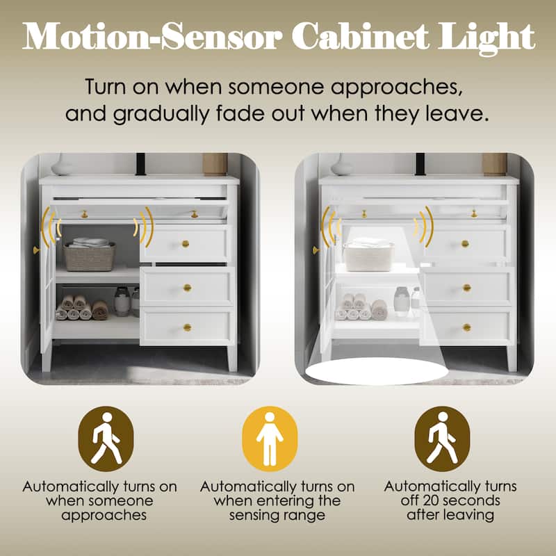 35.6-Inch Mid-Century Bathroom Vanity Sink with Patterned Glass & Motion-Sensor Light Strip, High-End Vanity Cabinet