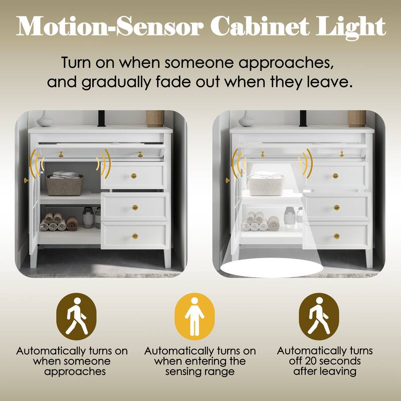 Freestanding 36" Bathroom Vanity Sink Cabinet with Motion-sensor Light Strip, Patterned Glass & Drawers