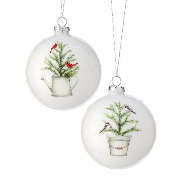 5" Glass Birds On Tree Disk Ornament Set of 2