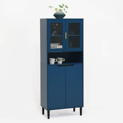 Modern Tall Storage Cabinet with Glass Display Doors and Gold Handles - N/A