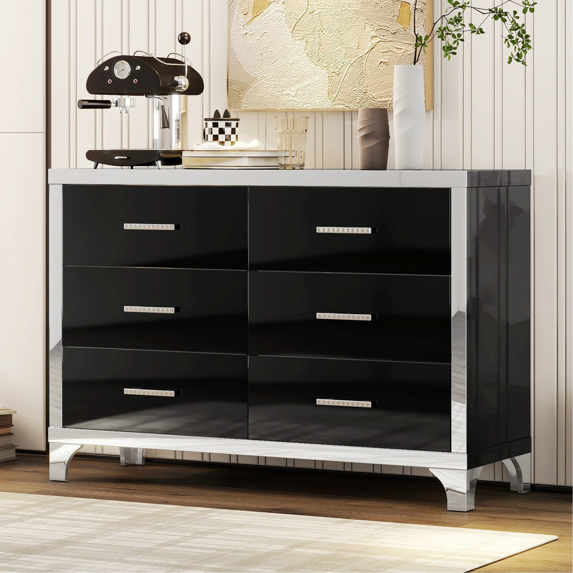 high gloss black dresser High Gloss Black 6 Drawer Lowboy