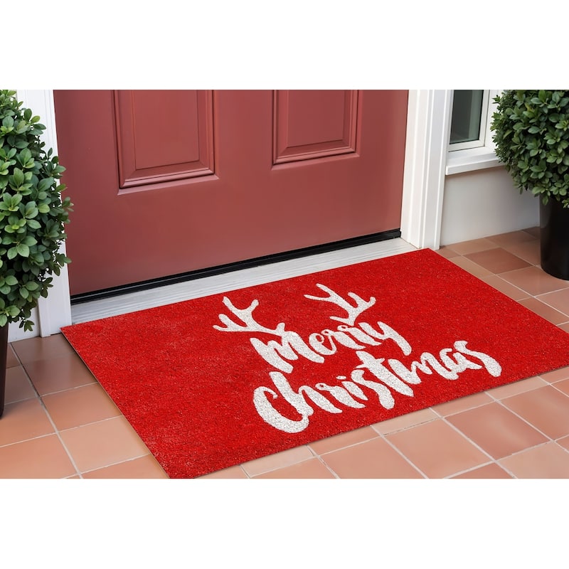 HomeRoots 24" X 36" Red And White Coir Reindeer Outdoor Christmas Door Mat - 24' X '36 - 24' X '36