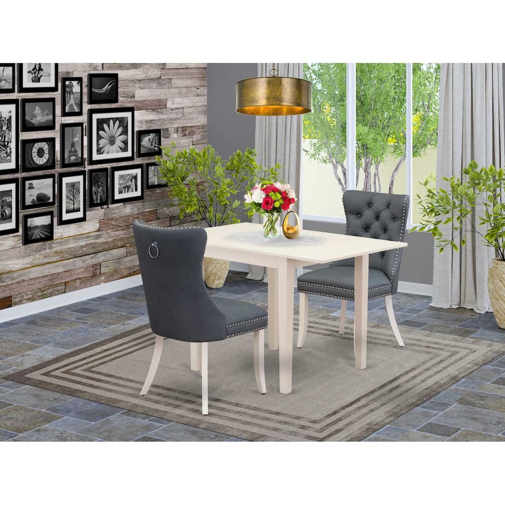 HomeStock 3-Pc Linen White Finish Rectangular Solid Wood Top with Dropleaf Dining Table Set