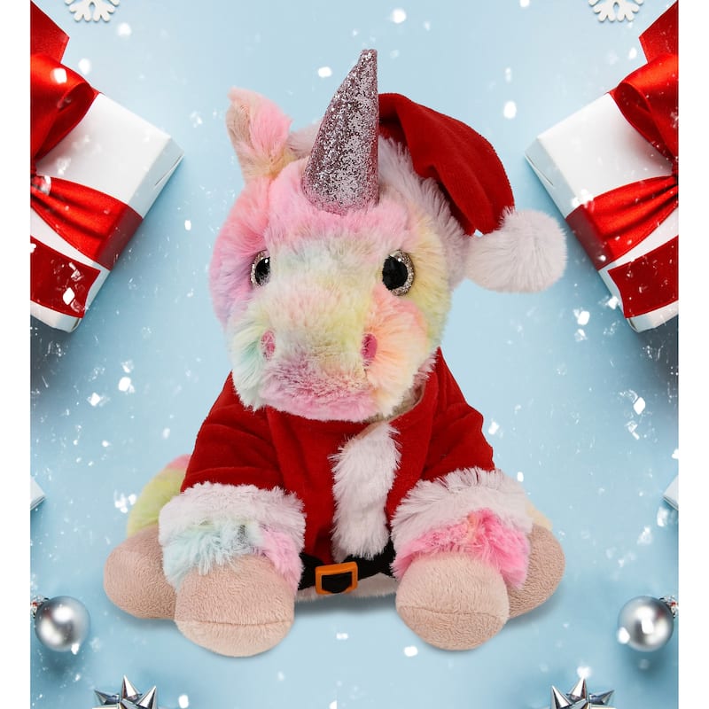 DolliBu Santa Rainbow Unicorn Stuffed Animal Plush Toy with Outfit - 9 inches