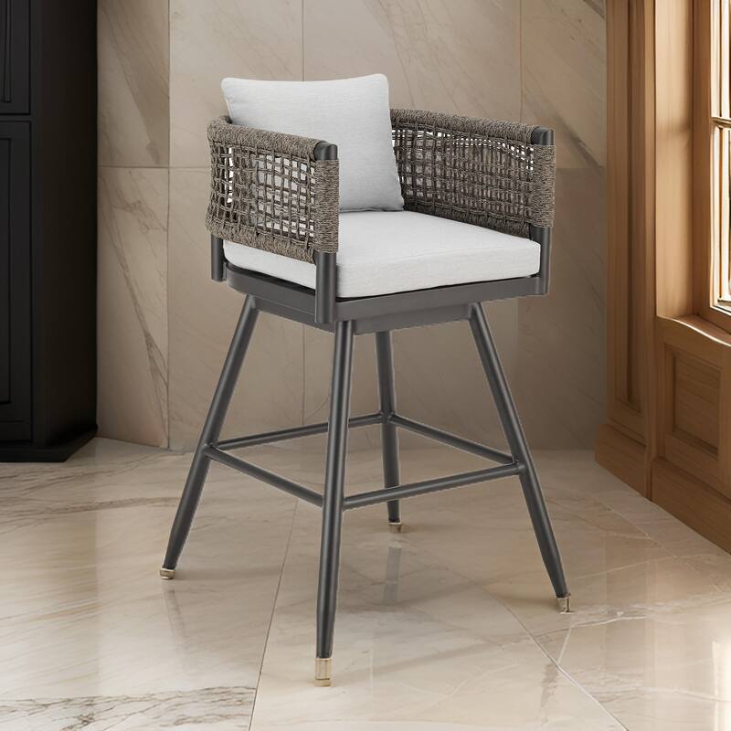Piper 30 Inch Outdoor Swivel Barstool Chair, Rope Woven, Gray Cushions