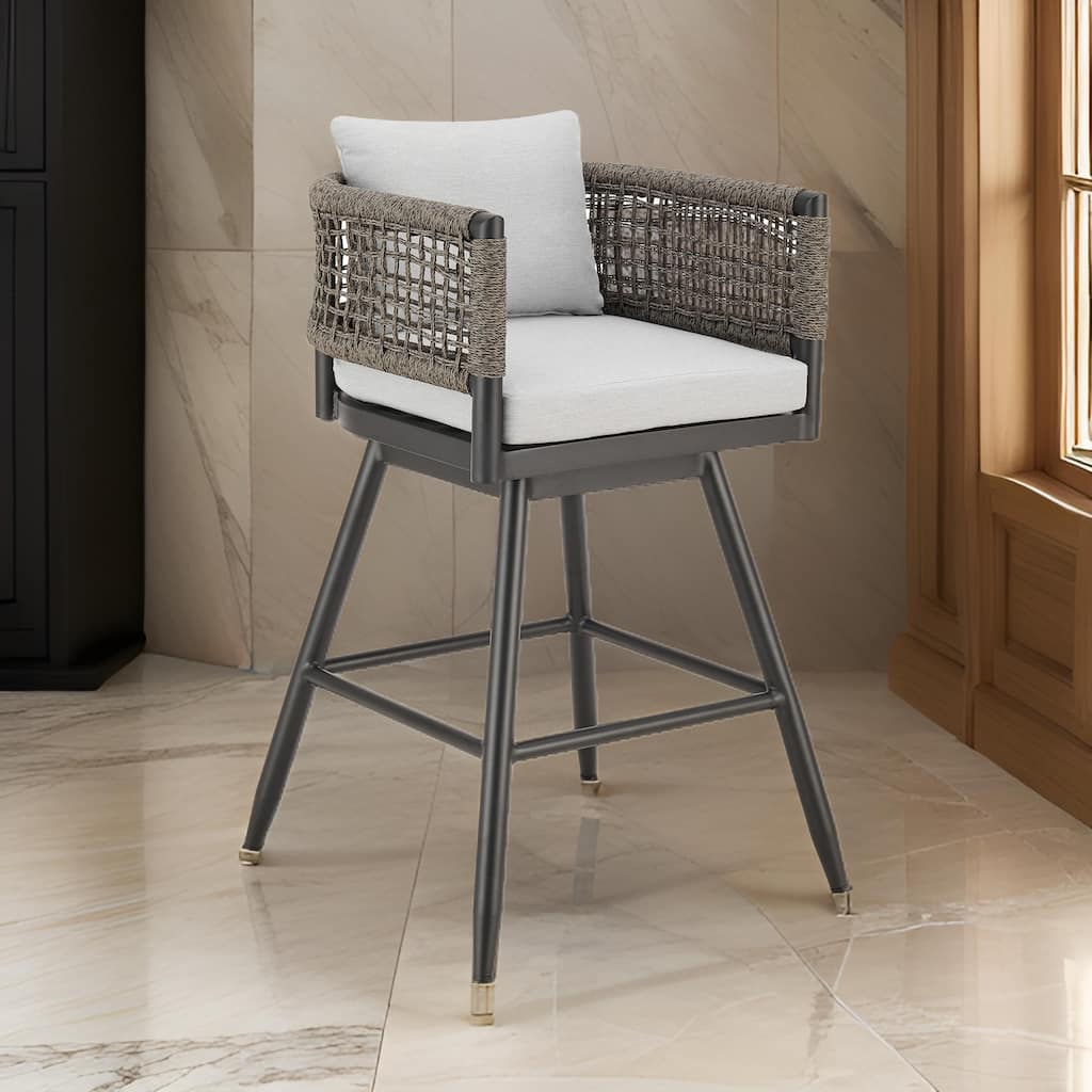 Piper 30 Inch Outdoor Swivel Barstool Chair, Rope Woven, Gray Cushions