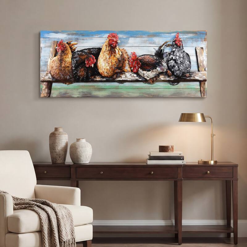 "Chickens" Handed Painted Iron Wall Sculpture on Slatted Solid Wood Wall Art