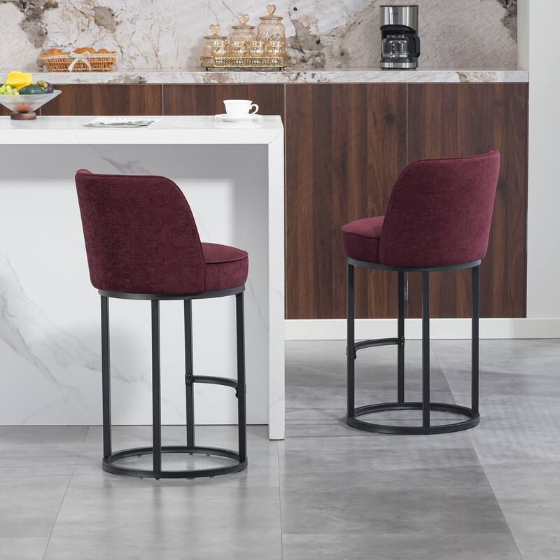 Counter Height Bar Stools Set of 2, Modern Barrel Counter Stools with Backrest, Linen Fabric Upholstered Accent Bar Stools