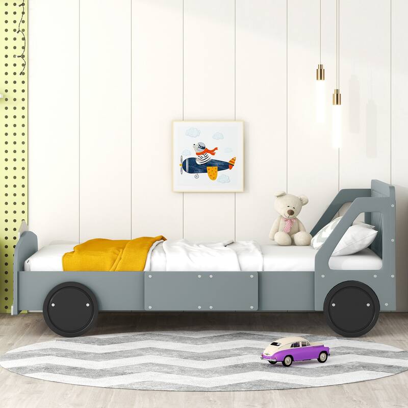 Twin Size Car-Shaped Platform bed with Wheels,Gray - Gray