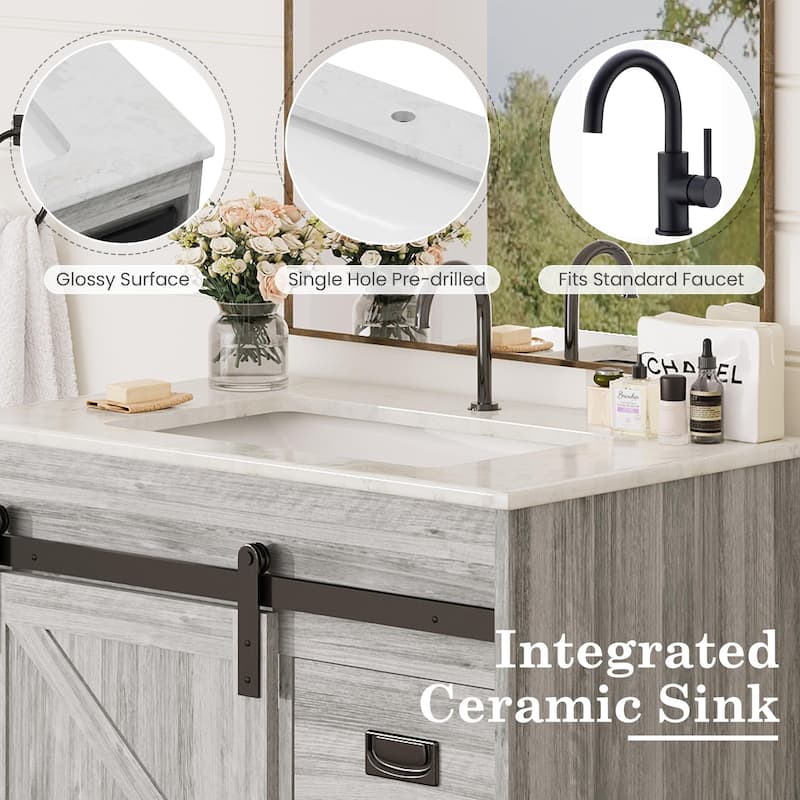 EROMMY Farmhouse Bathroom Vanity with Ceramic Top and Sliding Barn Door Sink Cabinet, Rustic Single Sink Vanity