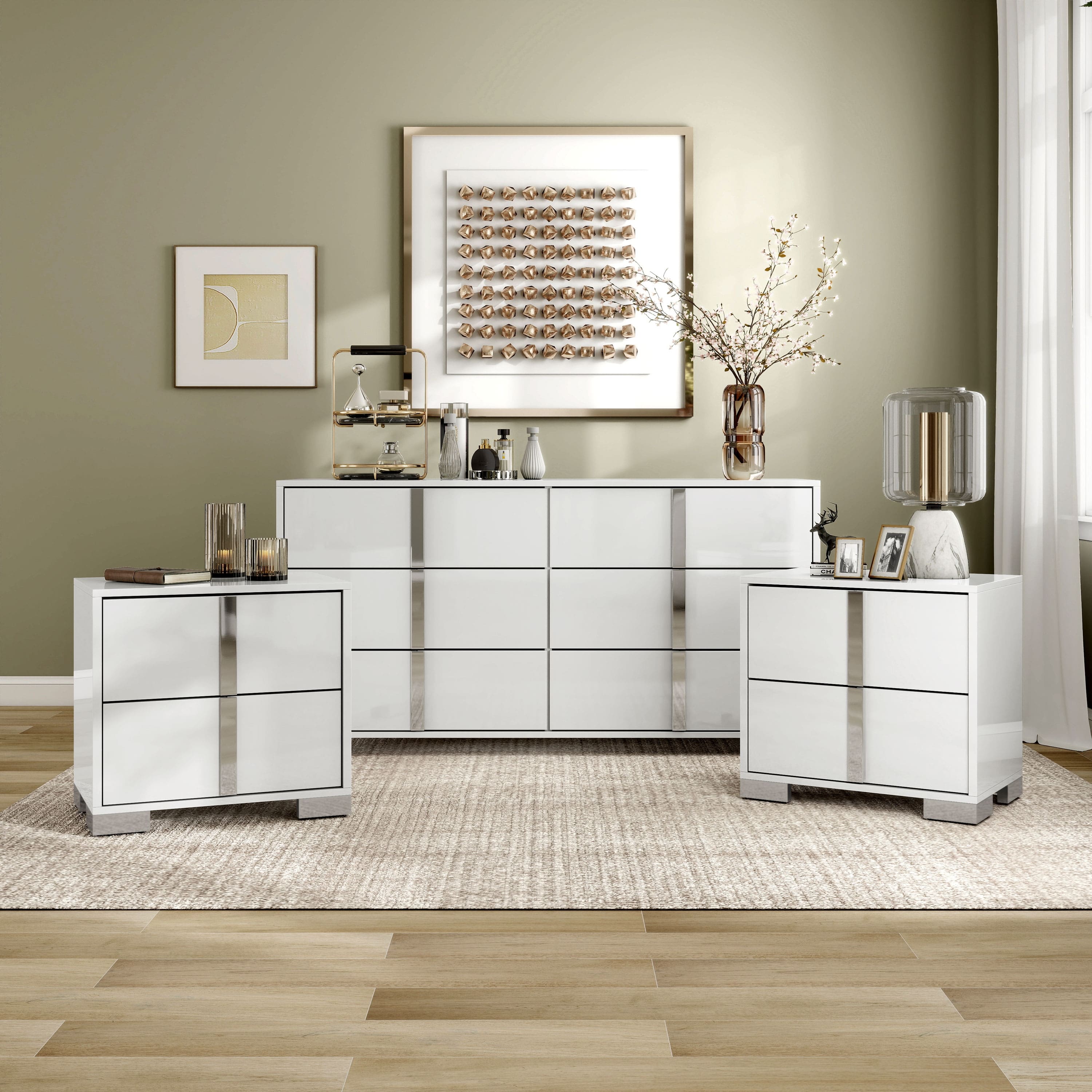 modern dresser and nightstand BAZELOR Fluted 6 Drawer & Set, 3 Pcs Bedroom Set tapered legs Bedroom Sets: Modern, Bohemian &