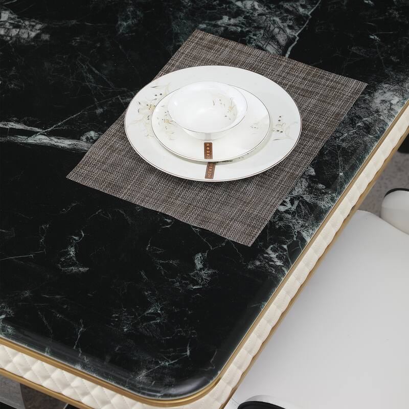 Luxury Modern Dining Table 78.7inch Black Dining Table with 8 chairs Faux Marble Dining Table Top with Dual Circle Bas