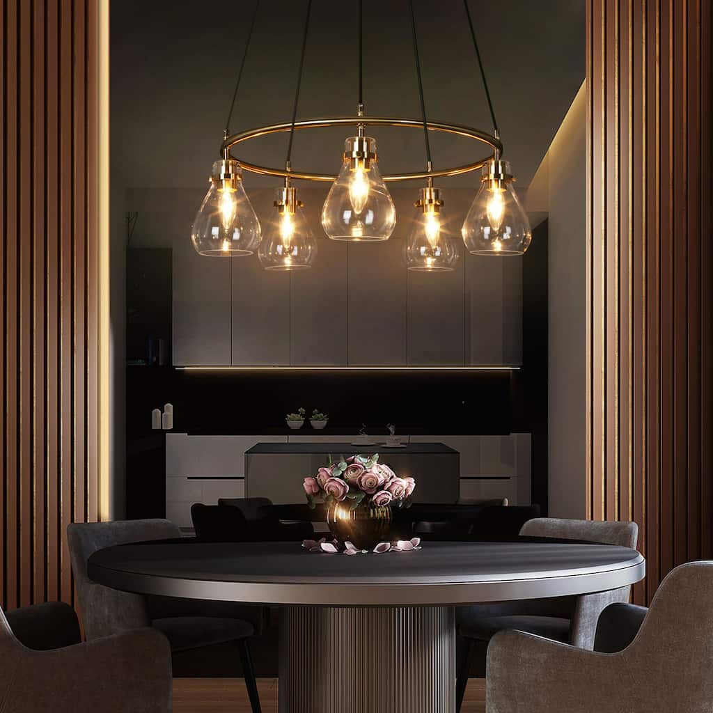 Malury Modern 5-light Chandelier Brass Gold Wagon Wheel with Clear Drop Shade Glass