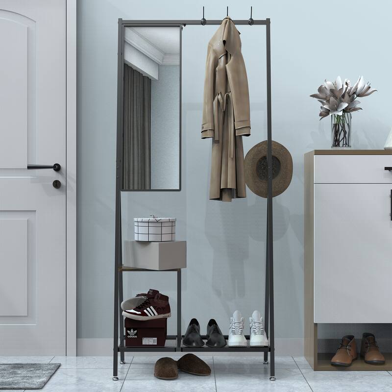 Industrial-Style Foyer Coat Rack with Shoe Cabinet Mirror, Aluminum Frame, for Living Room and Bedroom