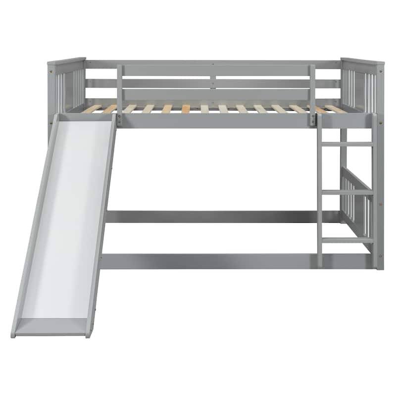 Floor Bunk Bed Full Over Full Wooden Bed Frame with Ladder and Slide