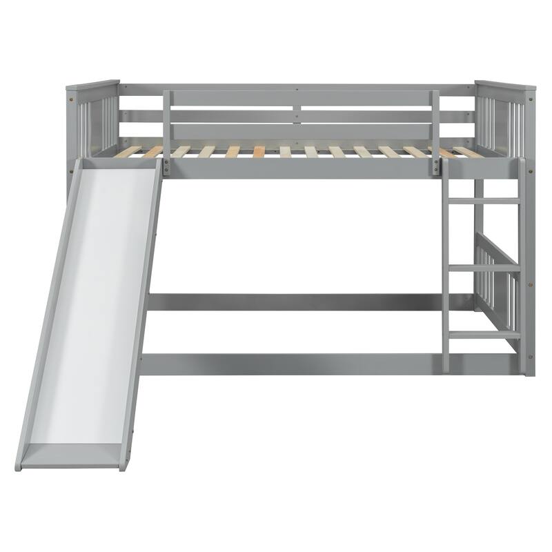 Full Over Full Bunk Bed with Ladder and Slide in Gray - Space Saving Twin Bunk Bed with Sturdy Pine Frame