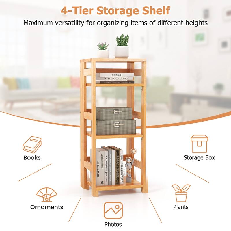 Gymax 4-Tier Bookshelf Floor Storage Shelf w/ Rubber Wood Frame