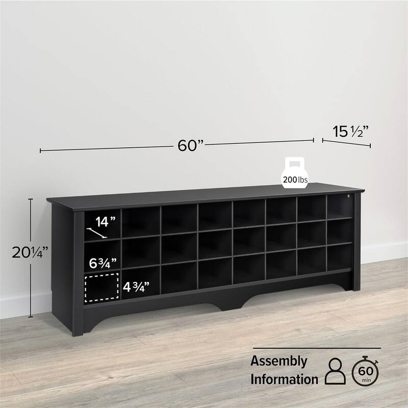 24 Pair Shoe Storage Cubby Bench - 15.5"D x 60"W x 20.25"H