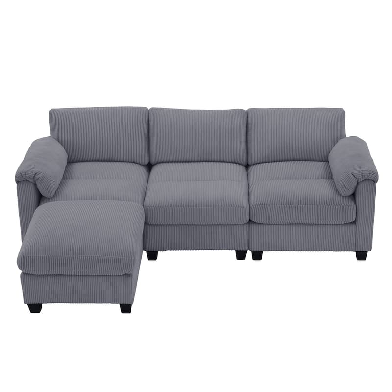 Corduroy Sectional Sofa with a Removable Ottoman, L-shaped Reversible 4-seat Modular Couch