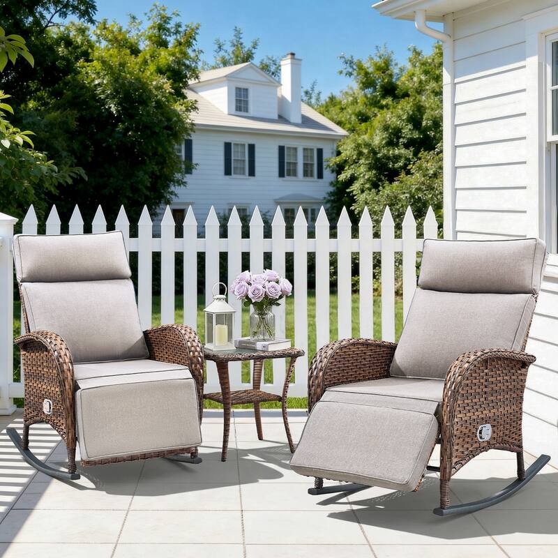 Pocassy Outdoor Patio Rocking Lounge Chairs with Adjustable Backrest Set. - Brown Wicker with Beige Cushion - 3 Piece Rocker Recliner Chair with Side Table