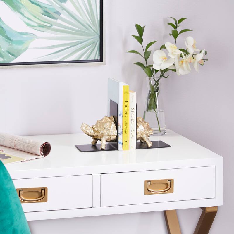 CosmoLiving by Cosmopolitan Brass Polystone Turtle Decorative Bookends with Black Stands (Set of 2) - Brass